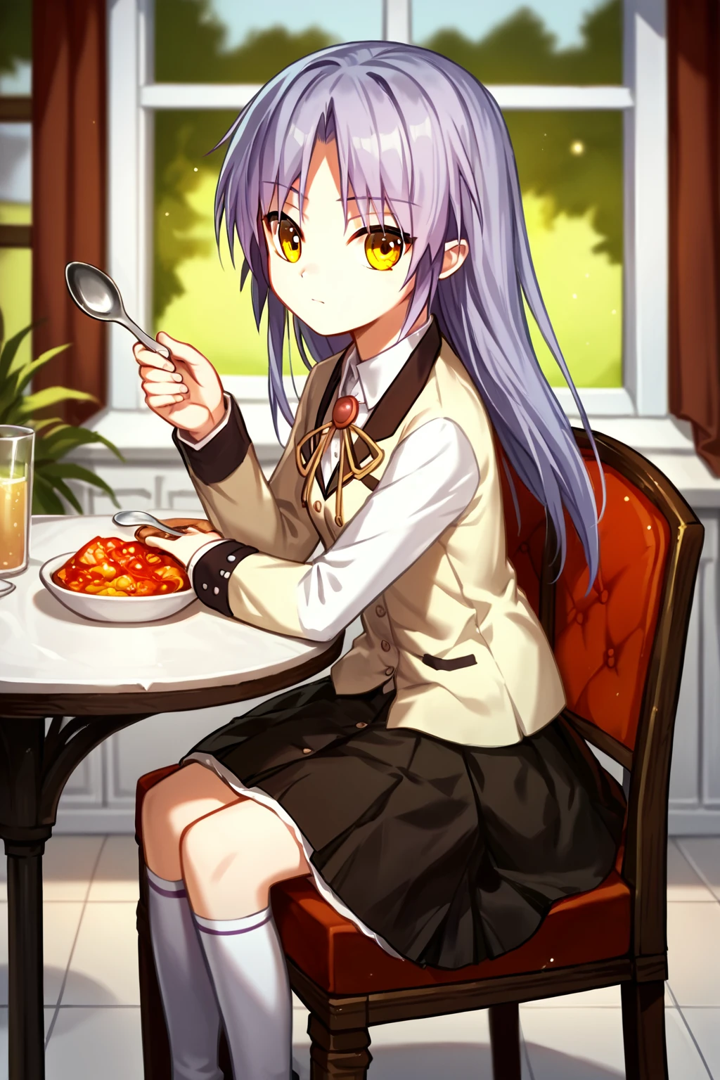 score_9, score_8_up, score_7_up, score_6_up, rating_safe, source_anime, best quality, masterpiece, detailed background, detailed eyes, cafeteria, spicy curry, spoon, sitting in chair, table, <lora:tachibana-kanade-xl-05:1>, tachibana kanade, angel beats school uniform, black skirt, white socks, parted hair, curtained hair, yellow eyes, small breasts,