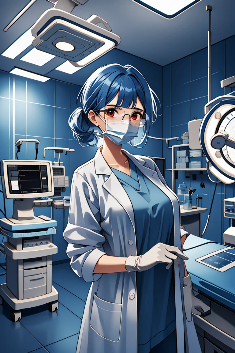 (RAW photo, best quality), operating room, overhead surgical light,blurred background, focused, dithering,backlighting,
 <lora:doctor_surgery_V1.0-000005:0.9> doctor_in_surgery, surgical mask, 1girl, indoors, labcoat, gloves, looking at viewer, doctor,
 <lora:Aya Miiko_3dCG_V3.0:0.8> aya miiko, 3dcg03, 1girl, solo, red eyes. blue hair,glasses,