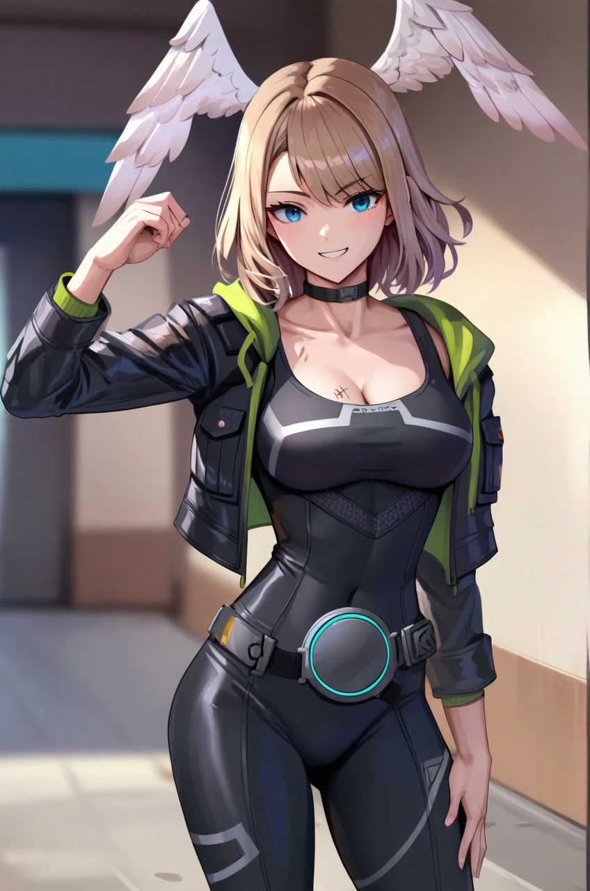 1girl, <lora:eunie_xb_PONY_v1:1>, (eunie_xb), solo, (medium breasts:0.9), (sagging breasts:0.2), medium hair, head wings, black bodysuit, open jacket, black jacket, belt, (standing:1.1), (from_back:1.1), (seductive smile:1.1), cowboy shot, cute,
best quality, masterpiece, (score_9), (score_8_up), (score_7_up), source_anime, anime, anime screencap, anime coloring,