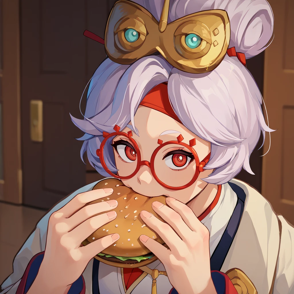 score_9, score_8_up, score_7_up, score_6_up, source_anime BREAK 1girl, <lora:jermawhopper-pdxl-nvwls-v1-000005:1> jermaWhopper, eating, burger, looking at you, upper body  <lora:purah-pdxl-nvwls-v1:1> purah, hair ornament, red headband, red glasses, sleeveless shirt, white coat, black skirt, middle finger