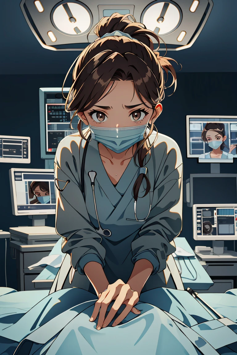 (RAW photo, best quality), operating room, overhead surgical light,blurred background, focused, dithering,backlighting,
 <lora:surgeon_cpr_pov_V1.0-000005:0.8> surgeon_cpr, indoors, 1girl, looking at viewer, pov, solo,surgical mask, long sleeves,sweating, 
<lora:Klaviana_V1.0:0.58> klaviana,brown hair, brown eyes,folded ponytail, 1990s (style),