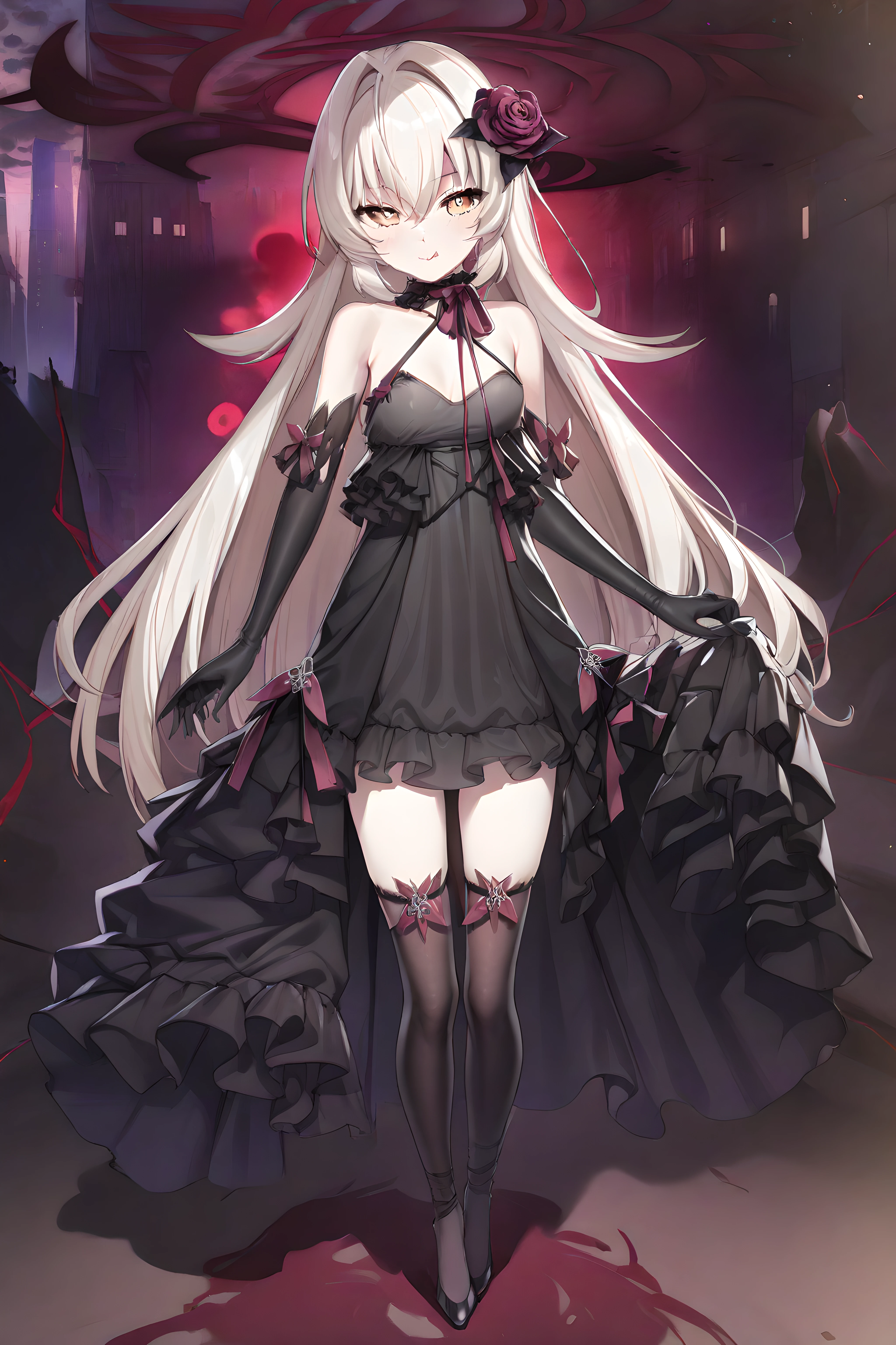 (masterpiece),(best quality),(ultra-detailed),(best illustration),(best shadow),(absurdres),(detailed background),(very aesthetic), eve meitner, 1girl, dress, solo, long hair, gloves, elbow gloves, thighhighs, black dress, hair ornament, flower, black gloves, yellow eyes, full body, tongue out, <lora:evemeitner:1>