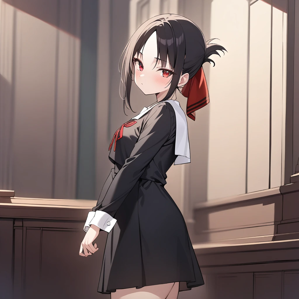 masterpiece, best quality, 1girl, kaguya,  <lora:kaguyaSDXL:0.8>, school uniform, black dress, black skirt, red ribbon, long sleeve, looking at viewer, standing, parted bangs, cowboy shot, from side