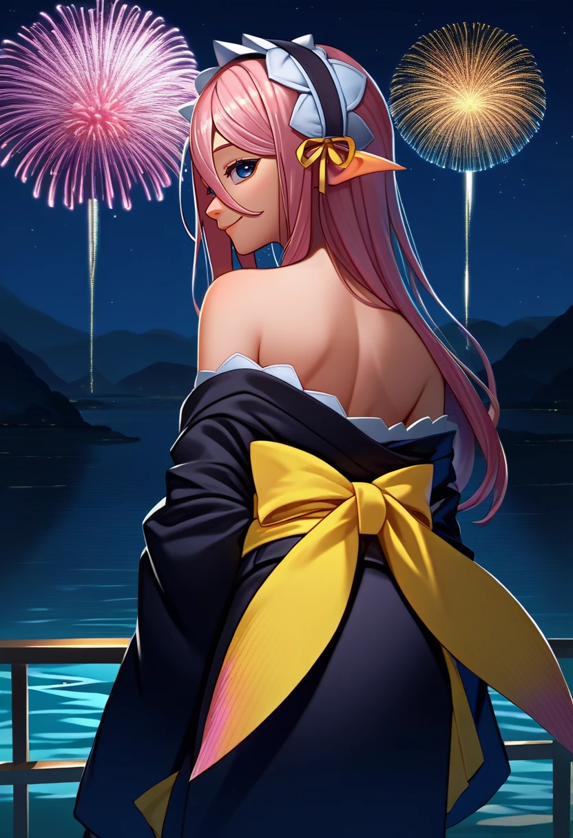 score_9, score_8_up, score_7_up, source_anime, from behind, solo, 1girl, meroune lorelei, monster girl, mermaid, scales, smile, looking back, maid headdress, pointy ears, head fins, black kimono, off shoulder, yellow sash, bare shoulders, fireworks <lora:monstermusume_meroune_ponyXL_1:1>