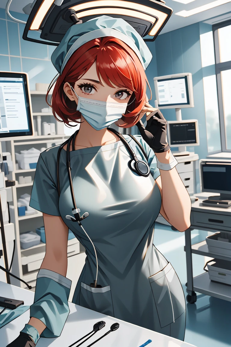 (RAW photo, best quality), operating room, overhead surgical light,blurred background, focused, dithering,backlighting,
 <lora:rubber_surgeon_hand_V1.0-000006:0.85>  rubber_surgeon_hand, 1girl, solo, looking at viewer, reaching towards viewer, stethoscope, doctor, surgical mask, indoors,headwear, latex, surgical gloves, arm outstretched,
<lora:Claudia_Suzuki_V1.0:0.55> claudia suzuki, mature female, semi-rimless eyewear, red hair,brown eyes,