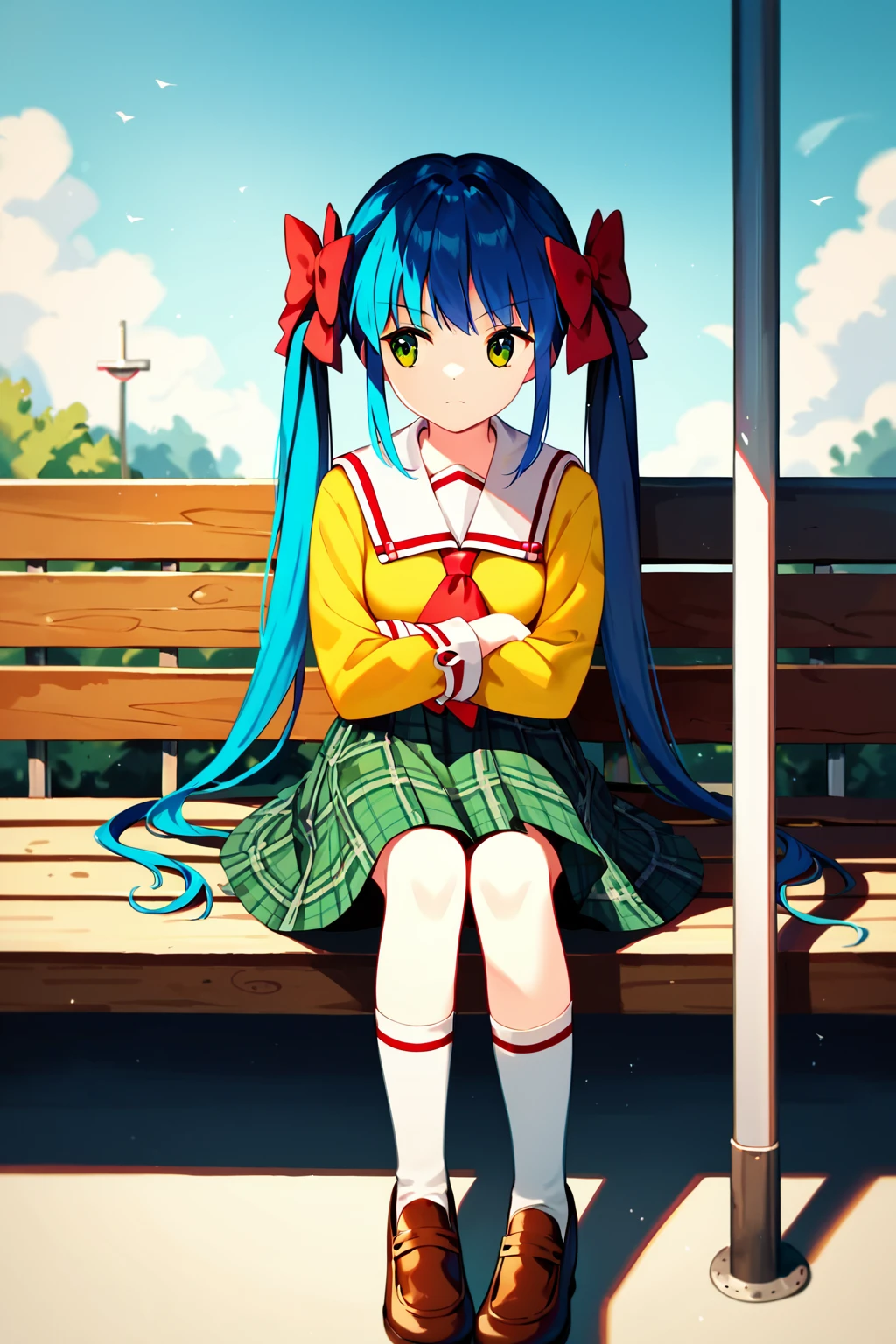 score_9, score_8_up, score_7_up, score_6_up, rating_safe, source_anime, best quality, masterpiece, detailed background, detailed eyes, street, bus stop, sitting on a bench, looking away, arms crossed, cowboy shot, white kneehighs, <lora:nanase-rumi-xl-02:1.2>, nanase rumi, blue hair, green eyes, long twintails, medium breasts, red_hair_bows, yellow school uniform, plaid dark green skirt,