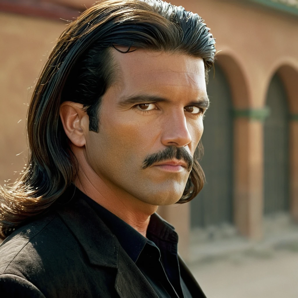 cinematic film still of  <lora:perfection style:0.5> <lora:detailed:0.5> perfection detailed
 <lora:Rodriguez's Mexico Trilogy film style:1>
In the United Mexican States Antonio Banderas as "El Mariachi" a long hair man with long hair and a black shirt,solo,long hair,brown hair,black hair,1boy,brown eyes,male focus,parted lips,teeth,blurry,lips,facial hair,thick eyebrows,portrait,realistic , cinematic, film, kodak, Rodriguez's Mexico Trilogy film style, shallow depth of field, vignette, highly detailed, high budget, bokeh, cinemascope, moody, epic, gorgeous, film grain, grainy