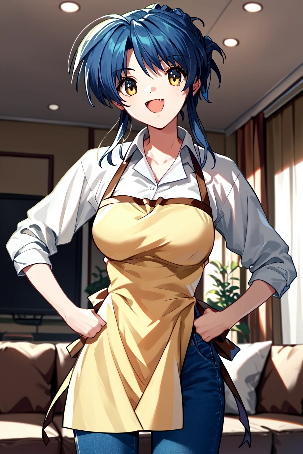 score_9, score_8_up, score_7_up, score_6_up, rating_safe, source_anime, best quality, masterpiece, living room, kotatsu, hands on hips, <lora:sagara-misae-xl-04:1>, sagara misae, white shirt with yellow apron, jeans, open mouth, smile, fang, medium breasts, full breasts,