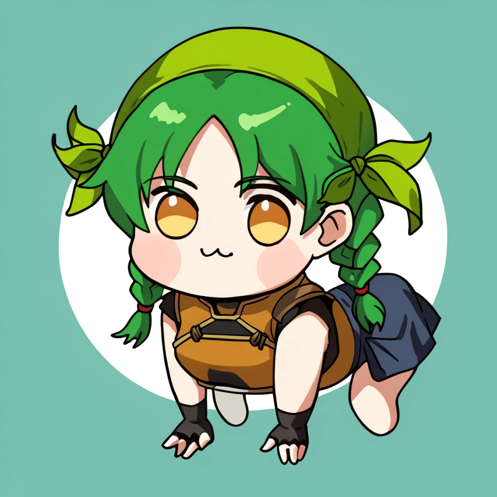 score_9, score_8_up, score_7_up, source_anime, solo, 1girl, ferebecca, doro, creature, :3, chibi, four legs, twin braids, bandana, solid circle eyes, no pupils, sleeveless, breastplate, shoulder armor, asymmetrical gloves, fingerless gloves, skirt <lora:fireemblem_rebecca_ponyXL:0.85> <lora:Doro_X_PDXL_V1:1>