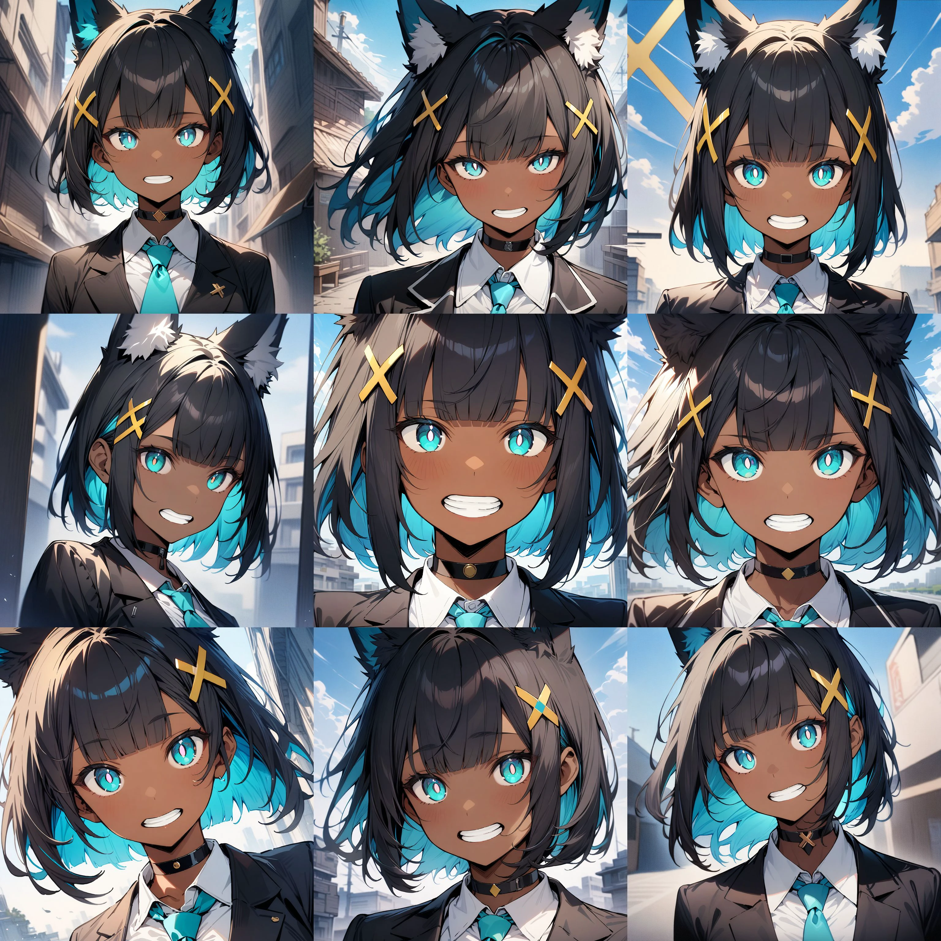 masterpiece,best quality,1girl,dark skin,dark-skinned female,black hair,bangs,blunt bangs,blue inner hair,short hair,yellow x hair ornament,fox ears,white pompom in ears,aqua eyes,white pupils,bright pupils,black choker,(black blazer:1.1),white shirt,aqua tie,sky,detailed background,face focus,<lora:kb_sdxl_i_mouth_lora:2>,
