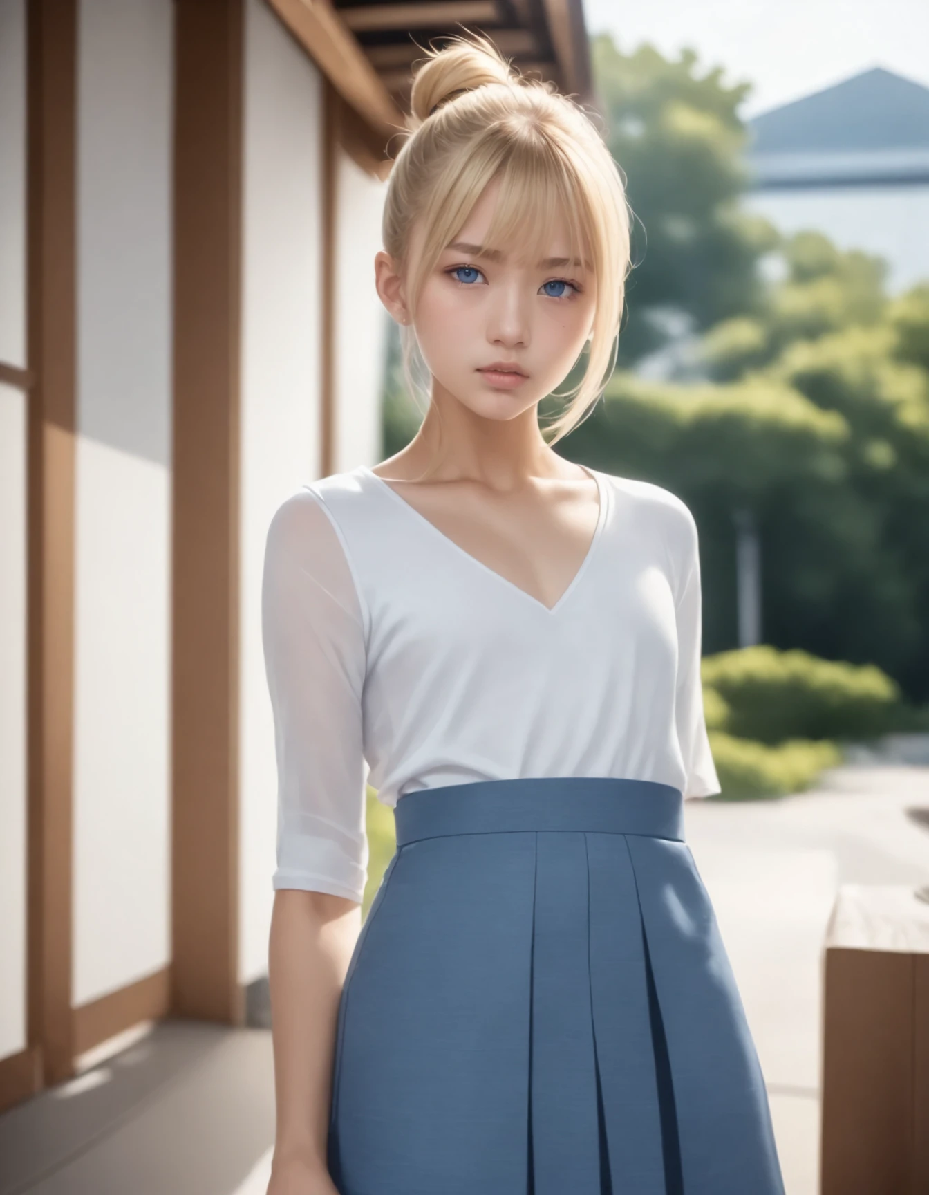 1girl, solo,
(Best quality:1.0),(masterpiece:1.0),photorealistic,
(realistic),photograph,hyperdetailed photography,raw photo,
cowboy shot,
(blonde hair:1.1), (blue eyes),
single bun hair,
(flat chest:1.1),
slender,
(European:1.2),
shinai ,kendo,dojo,hakama,hakama skirt,
(20yo:1.2)