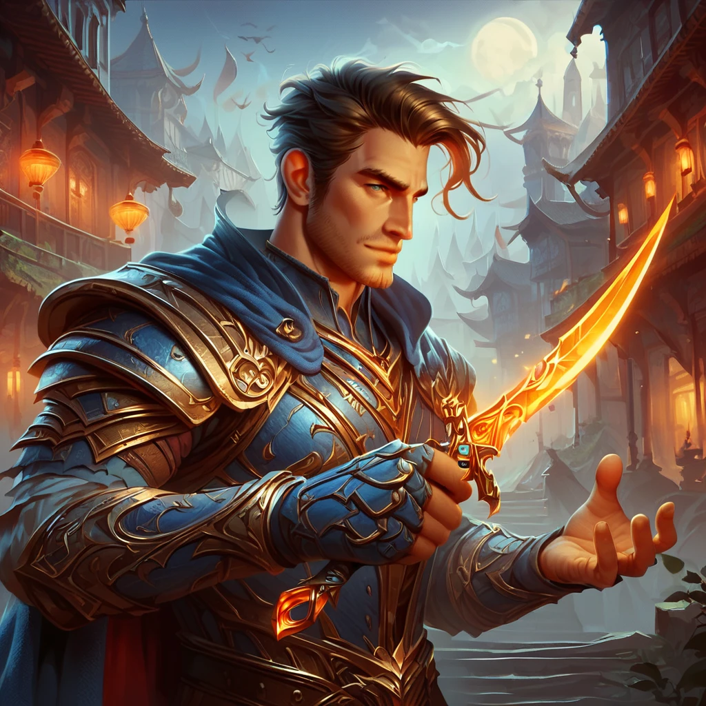 score_9, score_8_up, score_7_up, score_6_up, score_5_up, score_4_up, (1man, male, beautiful hair, wearing blue armor, torn cape, holding orange magical dagger:1.2), village in background vibrant, concept art, digital art, realistic, 