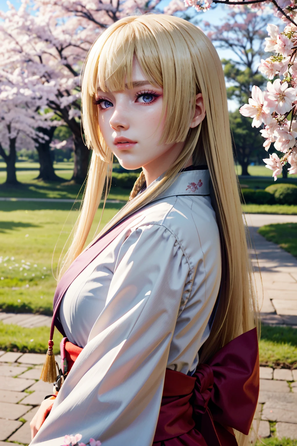 ((ultra detailed, masterpiece, absurdres))
 <lora:TKLili:0.8>
TKLili, 1girl, blonde hair, long hair, blunt bangs, in a traditional kimono, surrounded by cherry blossoms