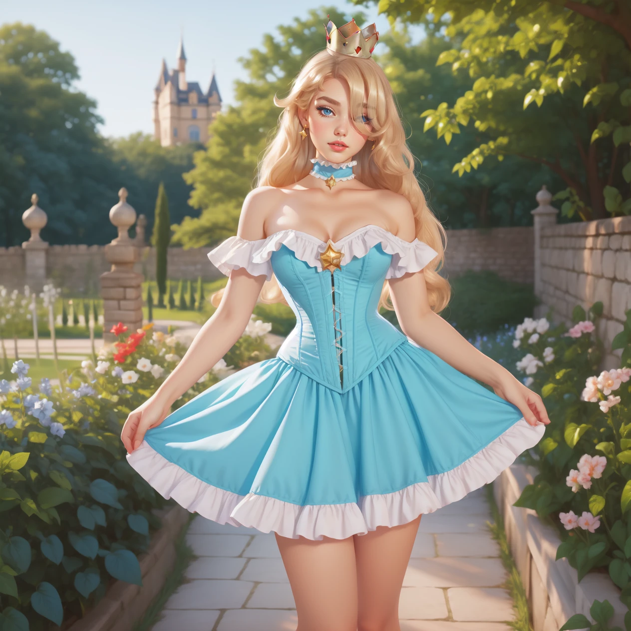 1girl, long blonde hair, hair over one eye, full body, hud_crst_prncss_drss, bare shoulders, blue corset, off shoulder, short sleeves, blue dress, short dress, frills, crown, choker, lipstick, high heels, <lora:corset_princess_sd15:0.7>, castle, garden