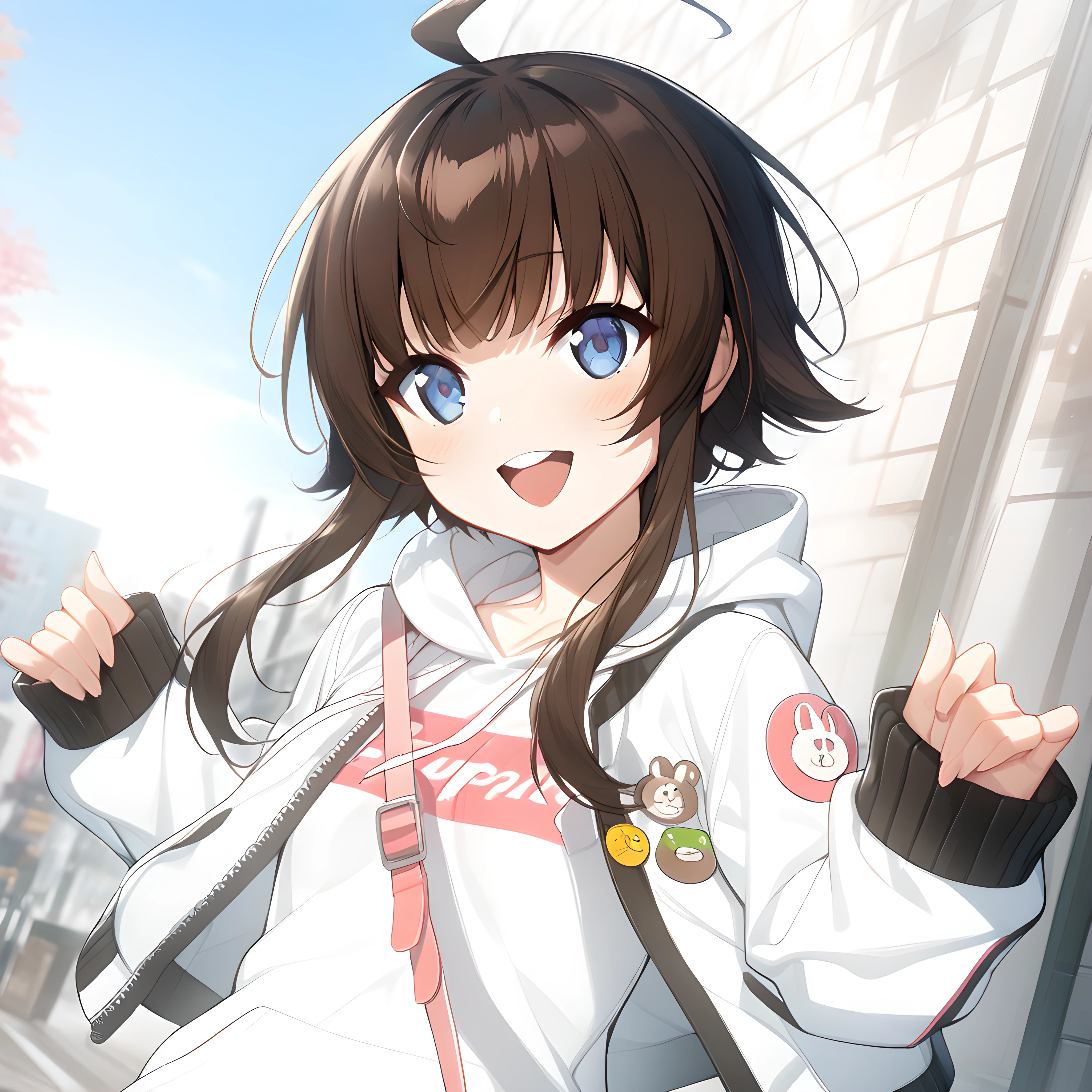 (masterpiece),(best quality),(ultra-detailed),(best illustration),(best shadow),(absurdres),(detailed background),(very aesthetic), yang harim, hood, solo, 1girl, hood down, blue eyes, ahoge, brown hair, white jacket, sleeves past wrists, jacket, white hoodie, long sleeves, upper teeth only, open mouth, white background, defaultoutfit, smile, <lora:Yang_Harim:1>