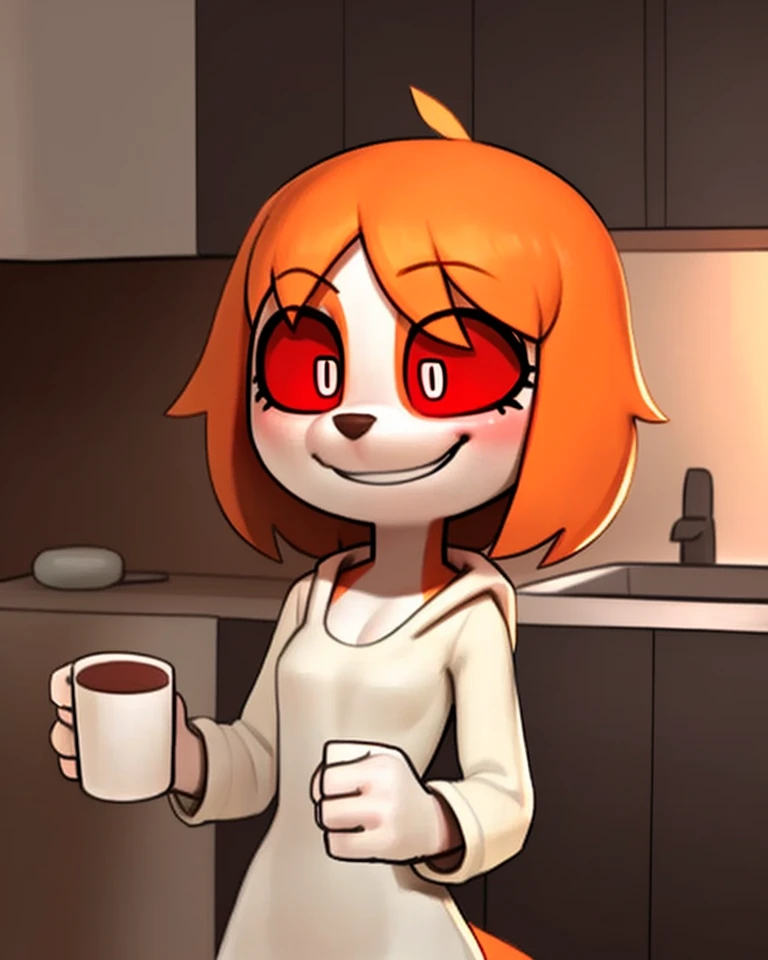 [[by pita_potato]], holding a mug, canid, red sclera, white eyes, atletic antjro, kitchen, <lora:s0L-000004:0.6>, orange hair, smile