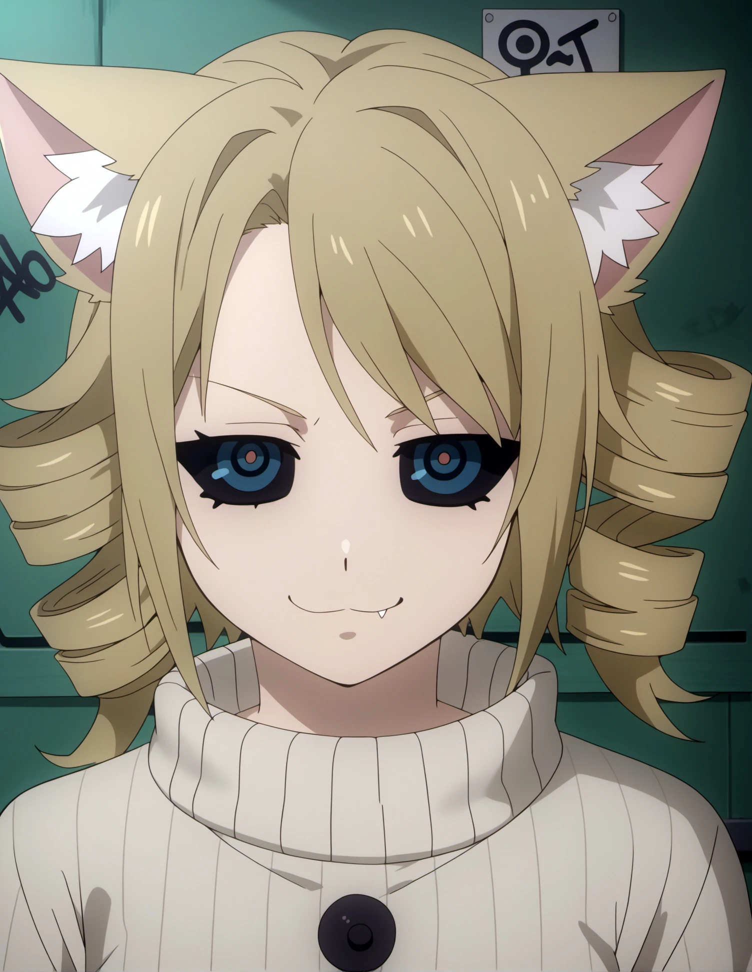 SHSZYZ, (score_9, score_8_up, score_7_up, score_6_up, source_anime:0.7), MCSubaru, solo, 1girl, catgirl, blue irises, black sclera, blue pupils, smug, tri drills, blonde hair, ribbed sweater, fat, buttons, indoors, techno-graffiti zone, augmented reality street art, digital graffiti, urban artistic expression, (white animal ear fluff:0.6)