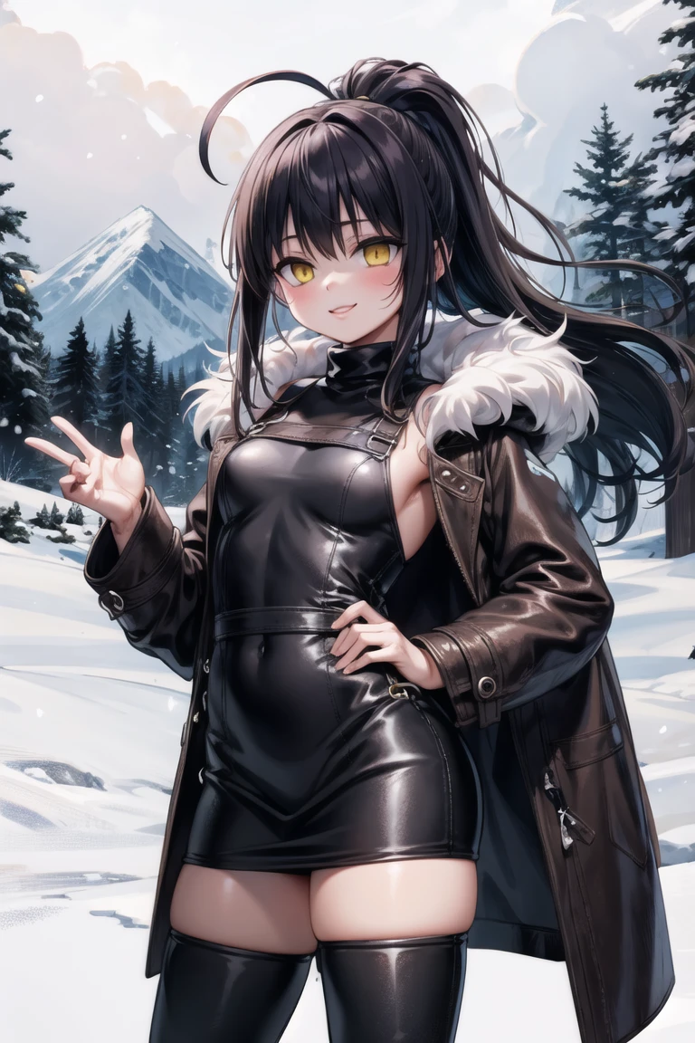 (masterpiece, best quality, beautiful and aesthetic:1.2), 1girl, solo,(soft skin:1.1),standing, cowboy shot,(detailed background), outside, snowstorm in the ice mountains, at dawn, winter clothes, (long overall coat:1.3), turtleneck sweater, (miniskirt:1.3), (long fur leggings:1.3),  (long leather boots:1.3), charming pose, seductive, smiling, yellow eyes, black hair, ponytail, ahoge,
<lora:nyamota-10v3:0.7:lbw=ALL>