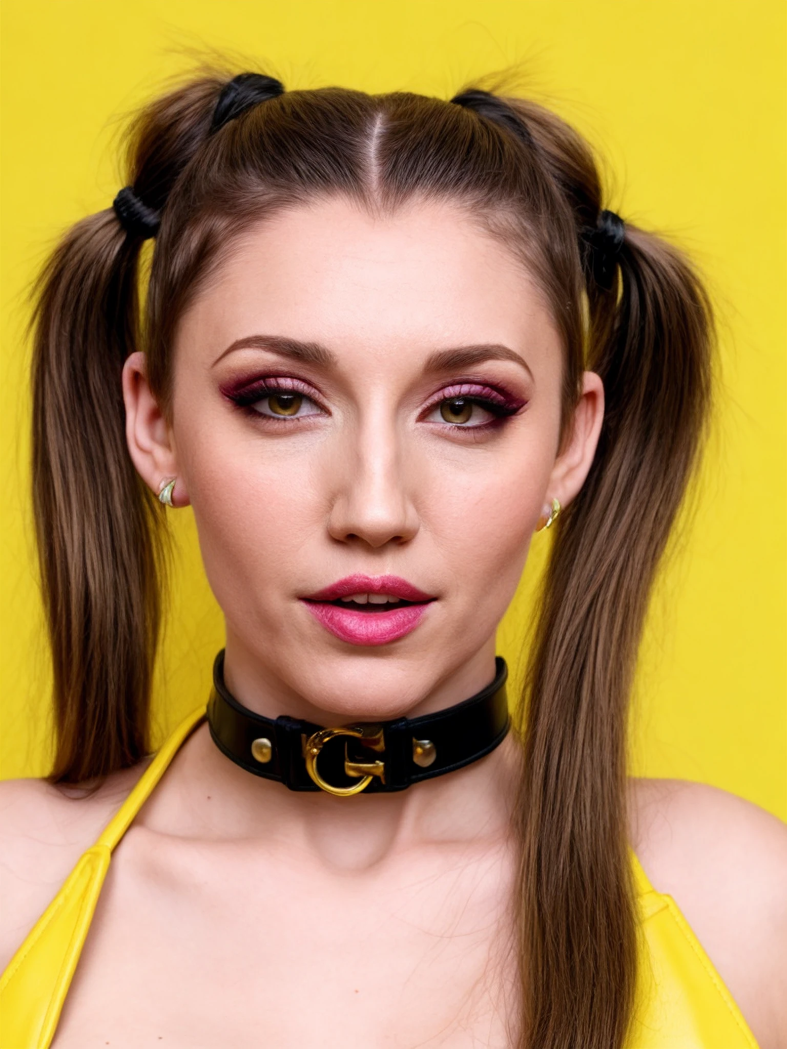 woulfeee, face focus, looking up, parted lips, soft light, smooth skin,  eye details, 8k, pale skin, ((twin tails)), lipstick, earrings, ((yellow background)), fashion, pink choker, leather choker