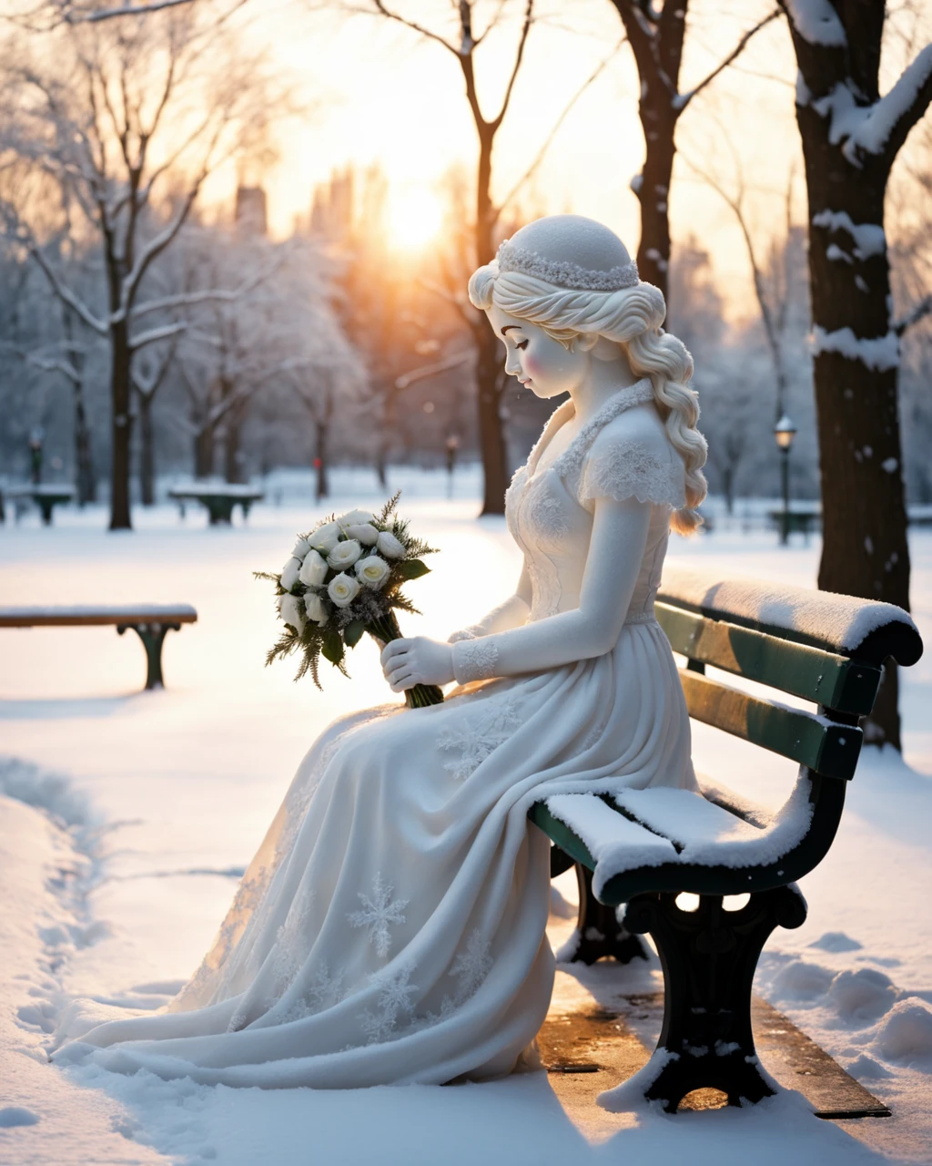 Snow sculpture art, a young girl snowman made of snow, wearing a wedding dress and holding a bouquet, sitting on a park bench in despair, looking down at the bouquet in her hand, feeling depressed, evening time, sunset, in the park, covered by heavy snow Covered trees, heavy snow cover, 4K, cinematic texture