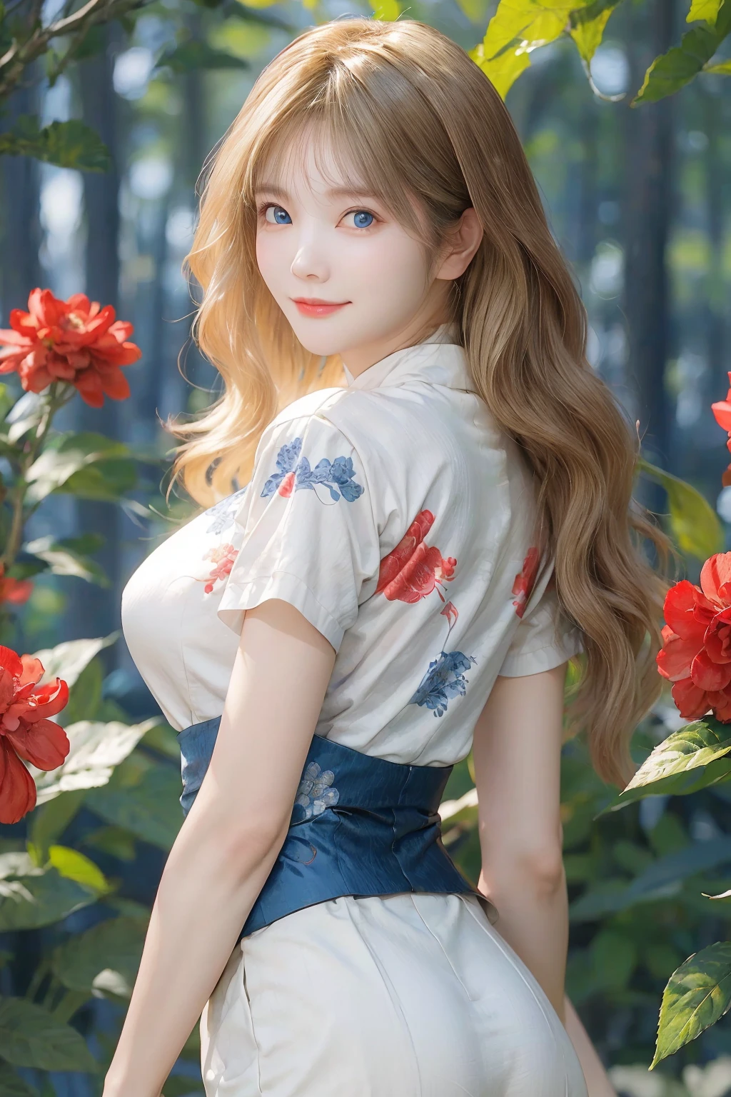(beauty korean girl:1.4),(very long wavy blonde hair:1.3),(breast implants:1.3),(large breasts:1.3),(white ao_dai:1.3),(white vietnamese dress:1.3),(red-blue floral print:1.2),(skinny body:1.4),(slender body:1.4),(narrow waist:1.6),(in forest:1.2),<lora:Karen10:1:lbw=FACE>,Karen,(closed mouth:1.3),(big blue eyes:1.3),(huge wide open eyes:1.3),
(realistic photo:1.3),(masterpiece:1.3),(very high quality:1.3),(blurry background:1.2),(amazing intricate detail focus on girl:1.3),(red flowers),<lora:hairdetailer:1>,from behind,turn back,looking back,