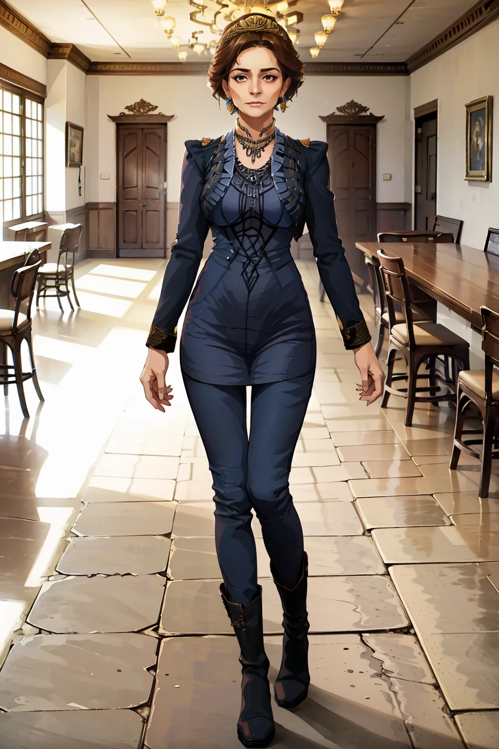 masterpiece,best quality,1girl,arissaduval, <lora:ArissaDuval:0.85>,standing,jewelry,necklace,dress,pants,boots,arms at sides,straight on,expressionless,mature female,indoors,in palace,futuristic,ornate