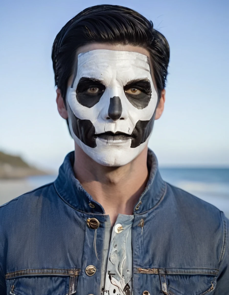 male, short black hair, facepaint, at the beach, denim jacket