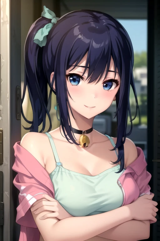 ((masterpiece)),(best quality),official art,extremely delicate and beautiful,extremely detailed CG,unity 8k wallpaper,ultra detailed,beautiful detailed eyes,extremely detailed face,outdoors,1girl,solo,upper body,(portrait:1.5),looking at viewer,facing viewer,smile,Takasaki Miho,long hair,blue hair,side ponytail,hair ribbon,hair bow,aqua bow,sidelocks,hair between eyes,bangs,blue eyes,collarbone,choker,jewelry,bell,cropped jacket,pink jacket,short sleeves,medium breasts,camisole,white shirt,denim shorts,shorts rolled up,white socks,high heel boots,<lora:Takasaki Miho(oin)-Remake>,