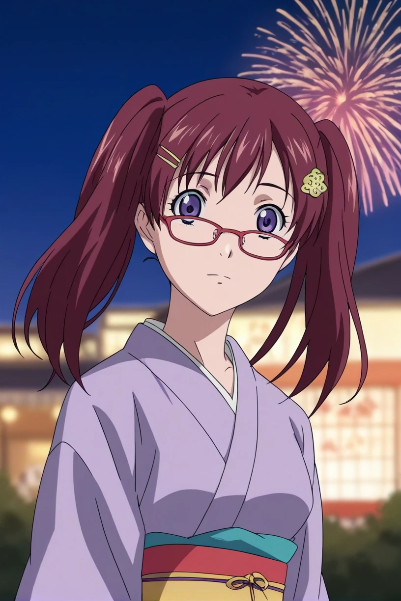 best quality,masterpiece,looking at viewer,absurdres,1girl,score_9,score_8_up,score_7_up,source_anime BREAK <lora:010-é£è½®å°å¹´-éå±±éææªXLV1:0.8>,noyamano ringo,red hair,purple eyes,glasses,long hair,twintails,red-framed eyewear,Kimono, fireworks, hairpins,aerial fireworks,festival,japanese clothes,summer festival,,