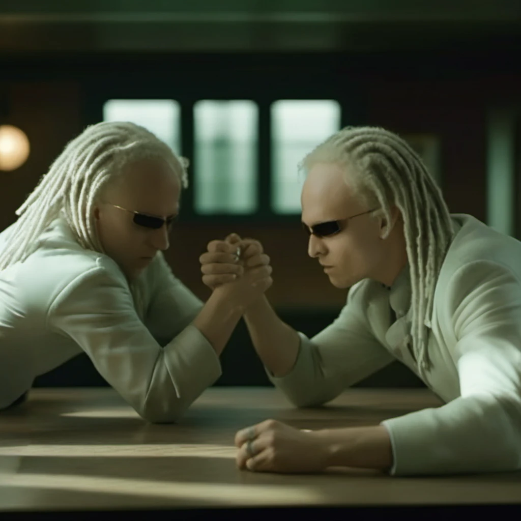 cinematic photo full body two pale men dressed in white, dreadlocks, sunglasses, armwrestling in a pub <lora:TheTwinsMatrix1024:0.8> . 35mm photograph, film, bokeh, professional, 4k, highly detailed