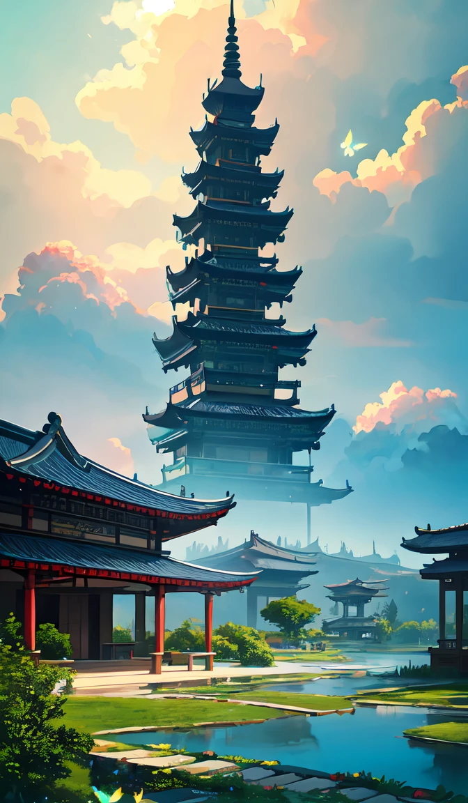 8k high quality, detailed, colorful analog photo, masterpiece, photorealistic, vibrant color film, masterclass, heavy (film grain), ,hanfu, floating,oriental architecture,eastern garden,butterfly,wildlife,cloudy and smoke,soft lighting,fairy world,zhongfenghua