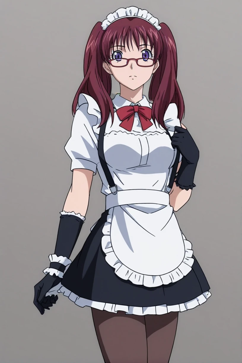 best quality,masterpiece,looking at viewer,absurdres,1girl,score_9,score_8_up,score_7_up,source_anime BREAK <lora:010-é£è½®å°å¹´-éå±±éææªXLV1:0.8>,noyamano ringo,red hair,purple eyes,glasses,long hair,twintails,red-framed eyewear,maid,suspenders,pantyhose,lace gloves,