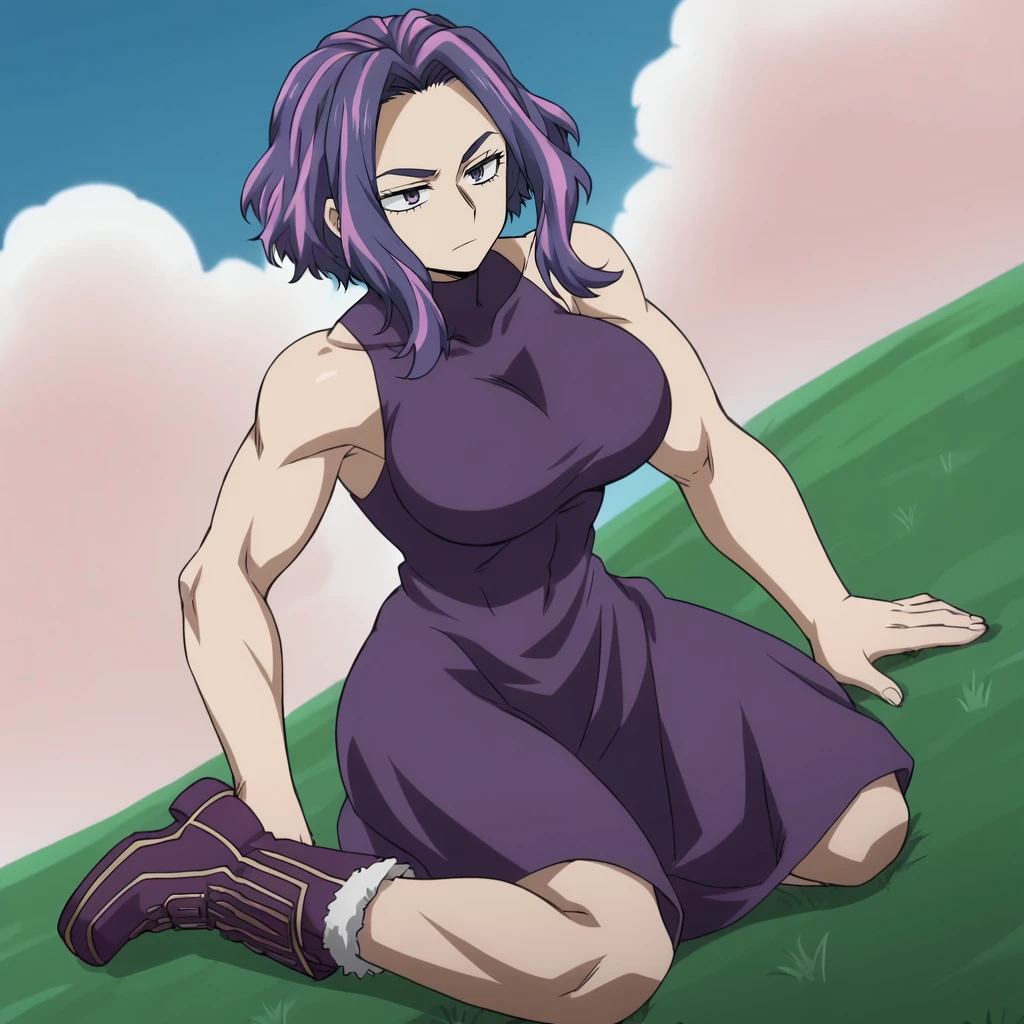 anime screencap,anime coloring, uncensored,
1girl, solo, <lora:lady_nagantV02:0.8>, lady nagant, muscular, female
big breasts, purple dress, turtleneck, sleeveless dress, full body, boots , blue sky, cloud, grass