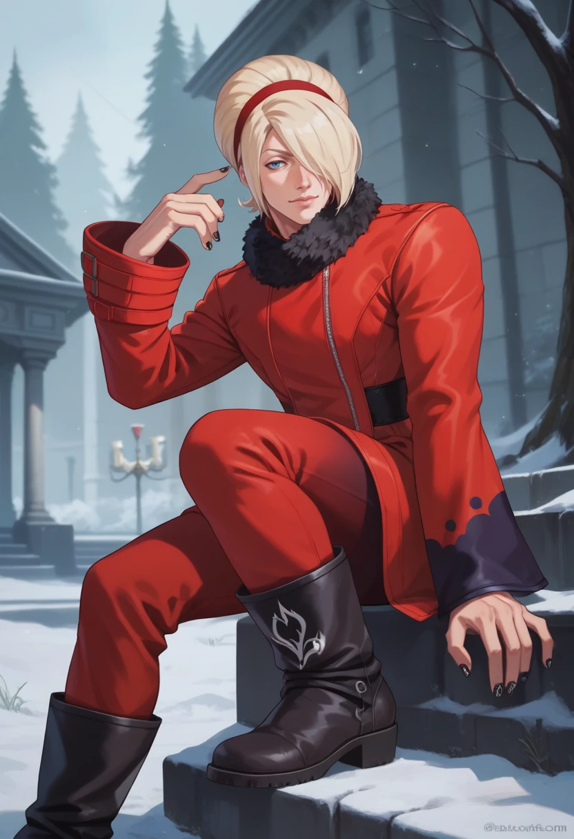 score_9, score_8_up, score_7_up, masterpiece, best quality, amazing quality, best aesthetic, ,absurdres, , male focus,ash_xv, blonde hair, blue eyes, red coat, red pants, freckless, hairband, black nails, black boots, fur trim<lora:EMS-375515-EMS:1.000000>