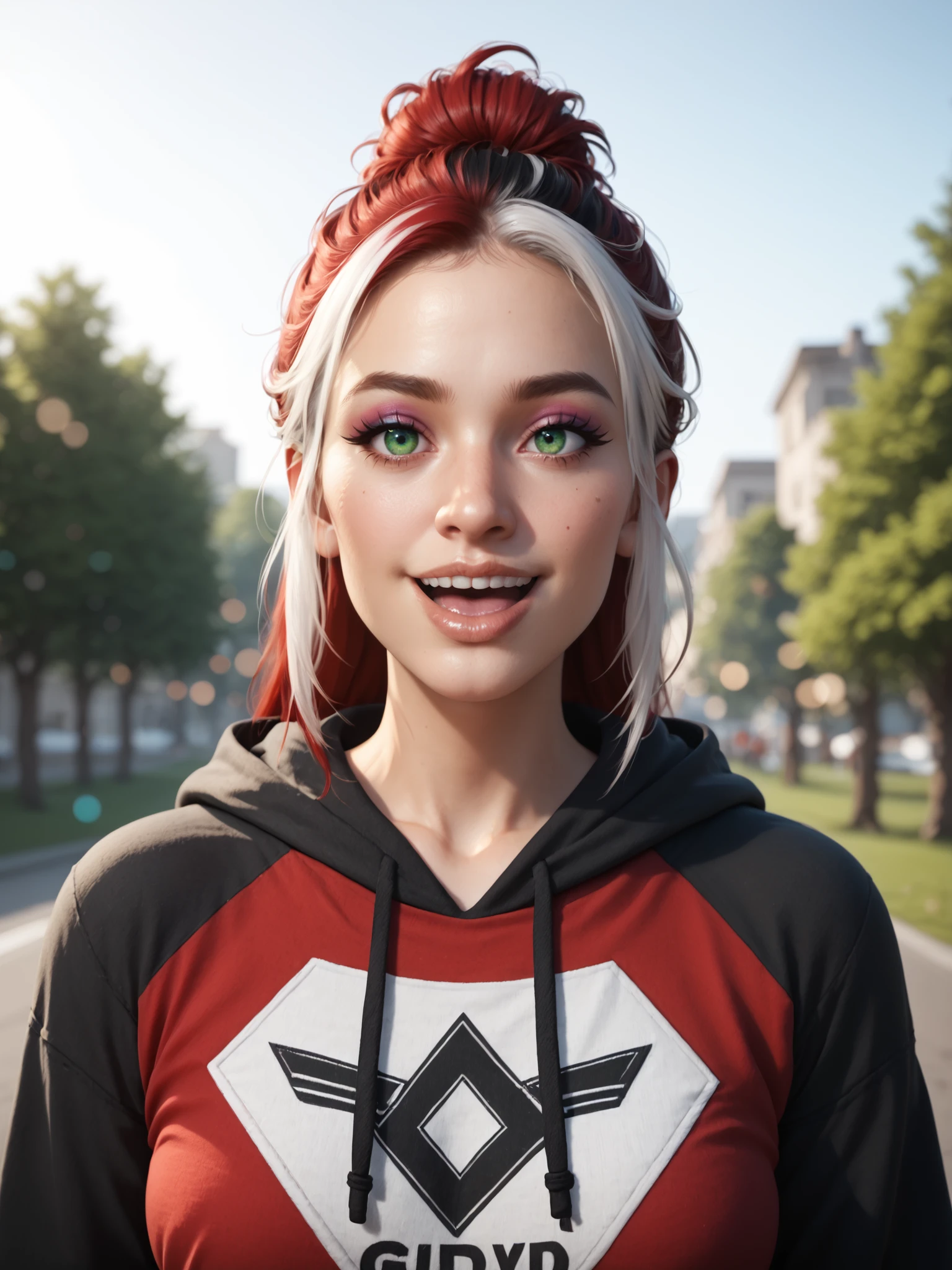 1girl, v, multicolored hair, solo, red hair, white hair, green eyes, hood, makeup, open mouth, two-tone hair, hoodie, long hair, upper teeth only, eyeshadow, smile, hair bun , outdoors, sky, day, DynaPortrait_PDXL BREAK PonyXLV6_Scores