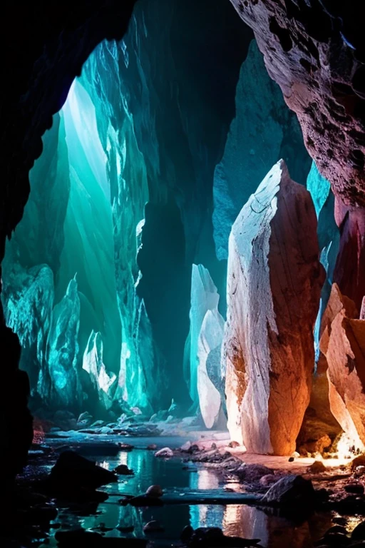 photograph, illustrious quality, solo, shiny, black background, (crystal room), still life, Caves, Limestone Caves, glowing gemstones in the dark, score_7_up, kooo123, <lora:crystaOO_v1:0.6>