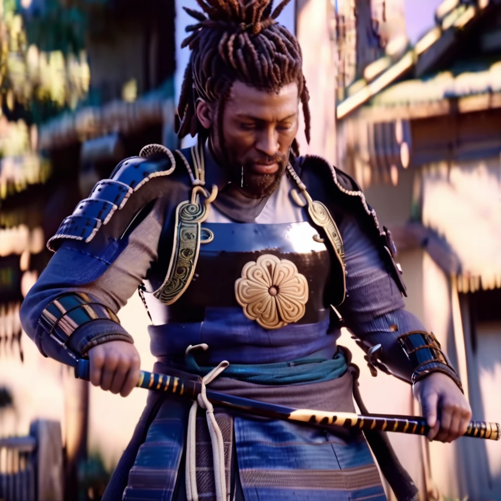 ,  <lora:acstyl_shadowcreedXL:0.9> acstyl style, hyper realistic video game <lora:riiahworldxl:0.8> rhwrld, dreads in a bun, black man, wearing samurai armor, standing on a teshu building, holding a katana, depth of field, grabbing womans breast