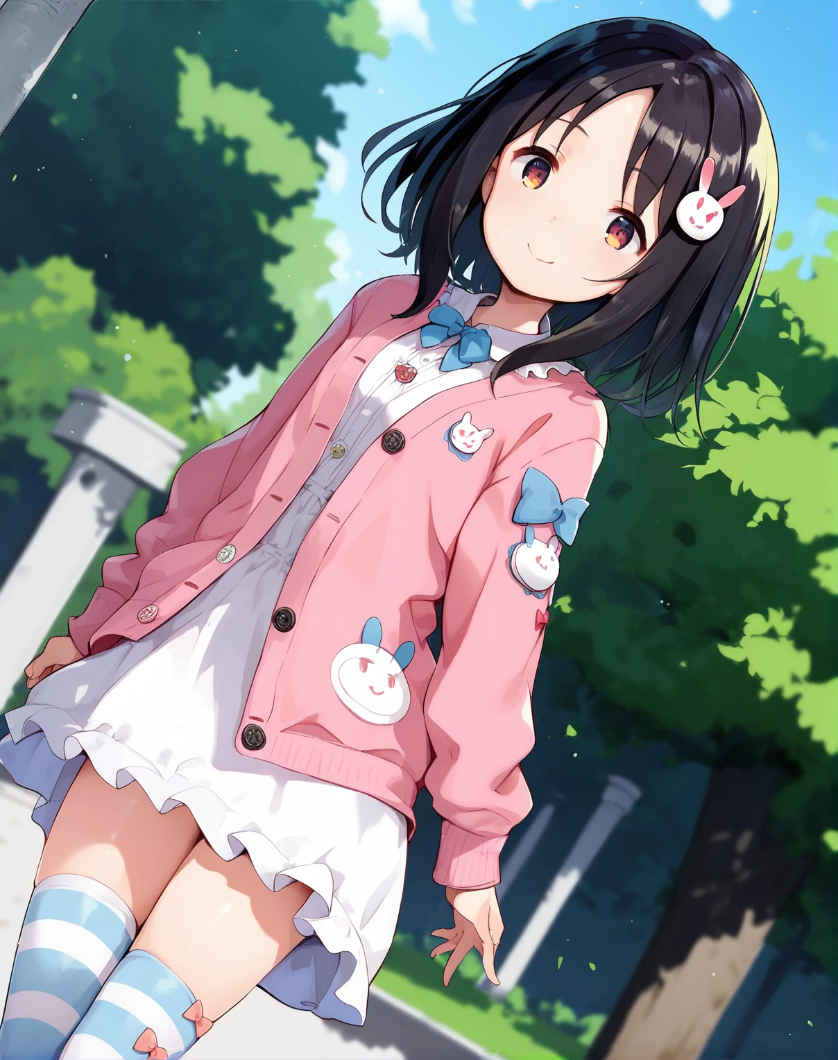 score_9, score_8_up, score_7_up, 1girl in a park, smile, dutch angle, standing, medium hair, black hair, parted bangs, smile,<lora:ookami_uo_style_pony6_v3-000034:.8>, striped thighhighs, bow in thighhighs,rabbit hair ornament, frilled dress, one_piece_dress, open cardigan,