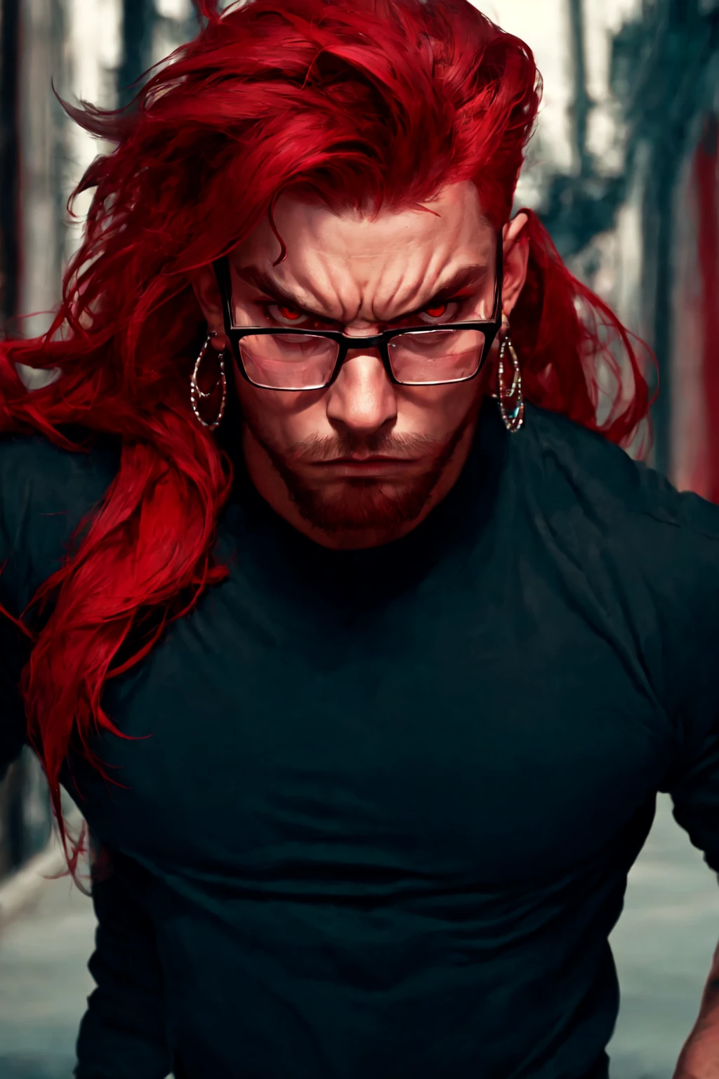 cbxzz, 1boy, male focus, solo, glasses, red eyes, earrings, jewelry, looking at viewer, bespectacled, red hair, long hair, outdoors, angry, facial hair, closed mouth, full body, fight pose, vibrant, vivid colors, enigmatic , masterpiece, best quality , <lora:Ceberus_OC_Lora_for_SD_1.5:0.5>
