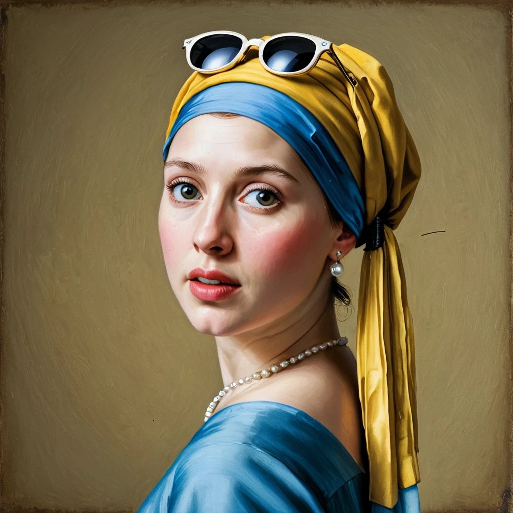 Painting of The girl with the pearl earring with sunglasses on top of her head<lora:sunglasses_on_head-000008:0.6>