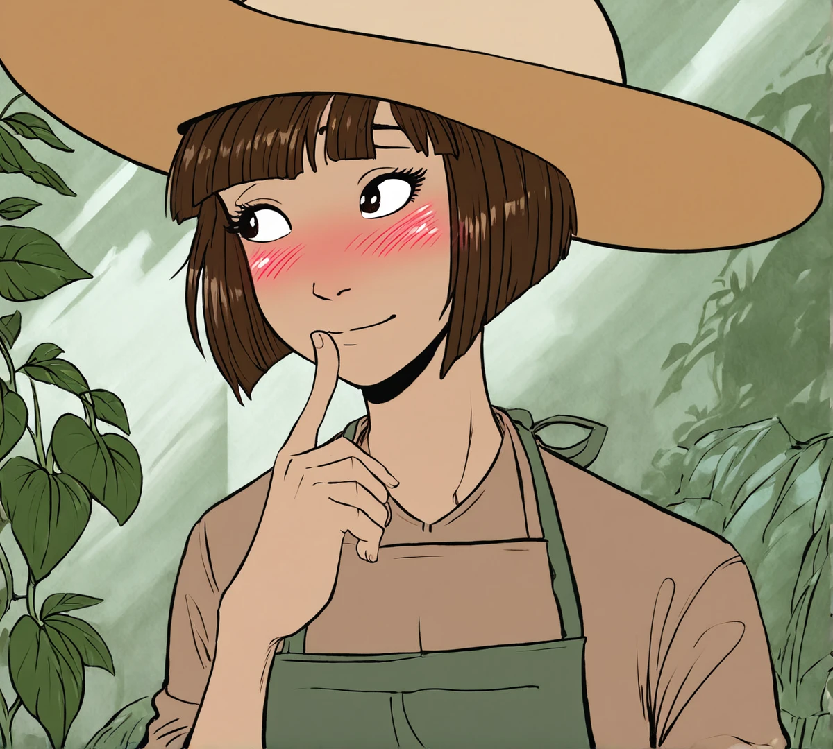 Paz, short hair, bob cut, zPDXL, best quality, amazing quality, score 9, 1girl, outdoors, sunhat, apron, plant, finger to mouth, blushing, looking away, shy, nervous smile, <lora:Paz:1>