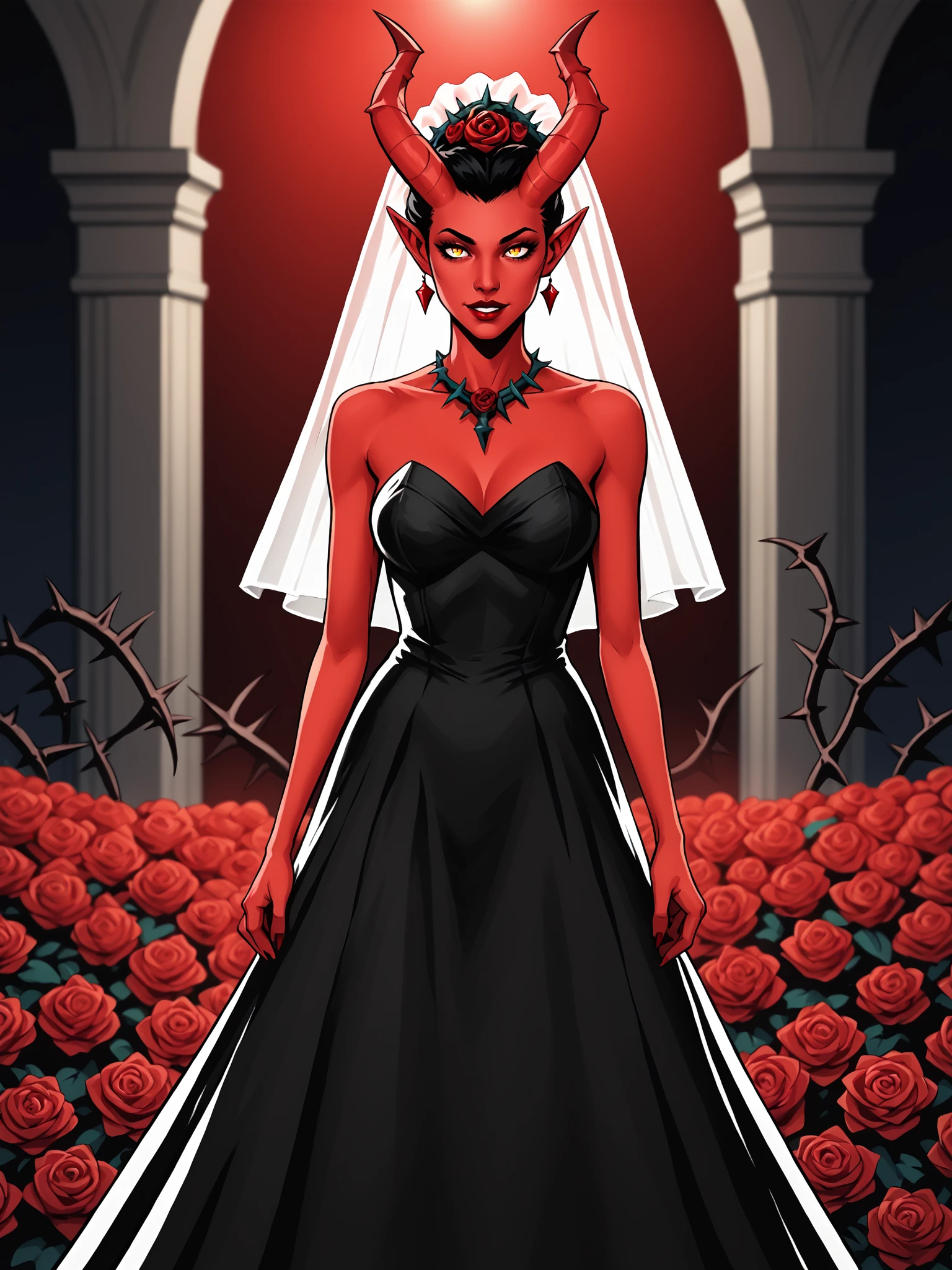 1girl, solo, night, demon girl, gown, pointy ears, huge horn, black dress, wedding dress, veil, castle, demon realm, black and red theme, medium breasts, cinematic lighting, depth of field, looking at viewer, smile, parted lips, red rose, see-through, thorns, red lips, BREAK  GradientRBB_PDXL, BREAK, PonyXLV6_Scores