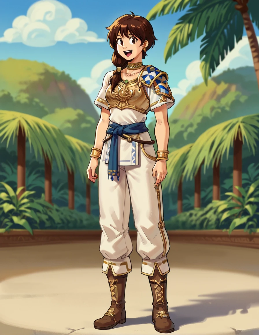 score_9,score_8_up,score_7_up,source_anime,1girl,solo,jhoirawl, <lora:JhoiraPonyWL:0.85>,red and brown hair,armor,jewelry,hair over shoulder,standing,happy,:d,outdoors,tropical island,short sleeves,pants,boots,full body,choker,necklace