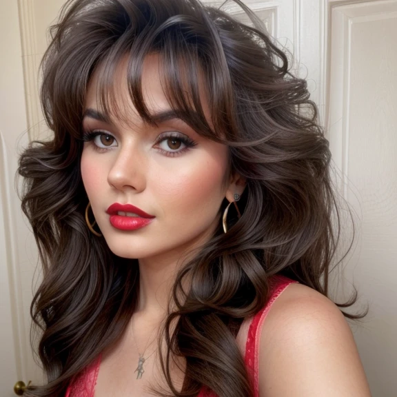 hud_am, 1girl, long big brown hair, makeup, lipstick, bra, high heels, 1980s \(style\), realistic, <lora:anamoll:0.75>, upper body