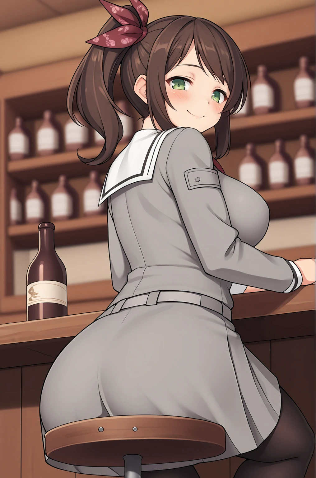 anime artwork, score_9, score_8_up, score_7_up, score_6_up, score_5_up, score_4_up, source_anime, BREAK, thick outline, fat outline,
Murakumo_XL, green eyes, long brown hair, hair ribbon, side ponytail, large breasts, BREAK, Murakumo_school, school uniform, white sailor collar, grey jacket, black buttons, grey skirt, skirt frills, neck ribbon, grey belt, black pantyhose, BREAK, blurry background, tavern, cowboy shot, sitting on bar stool, from below, behind, looking back, smirk, blush,
<lora:Murakumo_XL:0.7>
<lora:PersonalAmi_PonyXL:1.0>