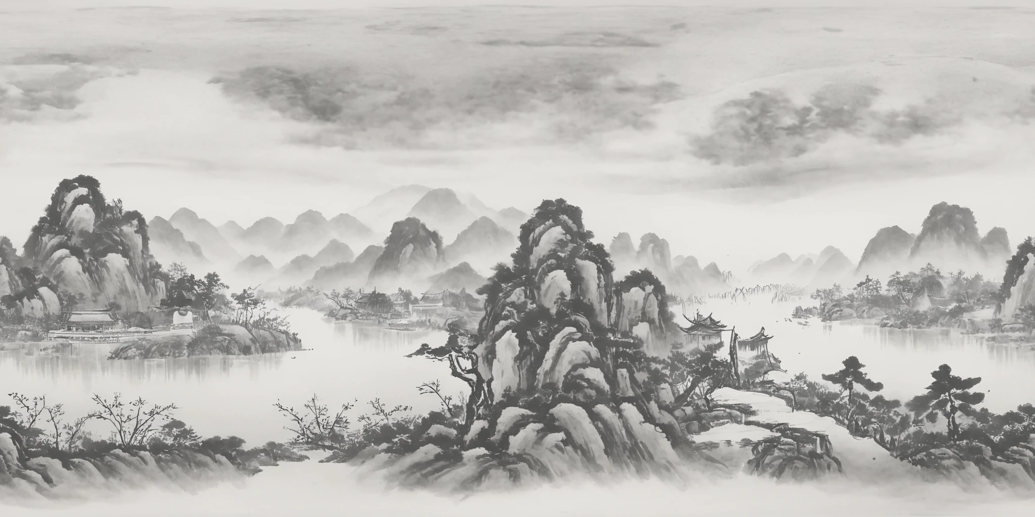 360panorama,<lora:山水-000001:1.2>,(sphere panorama:1.5),<lora:HMSG360å
¨æ¯XL-V1.0:0.8>,Chinese landscape,ink wash painting,monochrome,spherical panorama,white margins top and bottom,tranquil traditional scenery,serene mountains and rivers,classical pavilions,misty atmosphere,ink on rice paper effect,digital ink,subtle ink gradations,ultra-high resolution,pure natural beauty,ancient charm,360-degree panoramic view,harmonious natural elements,without modern elements,
