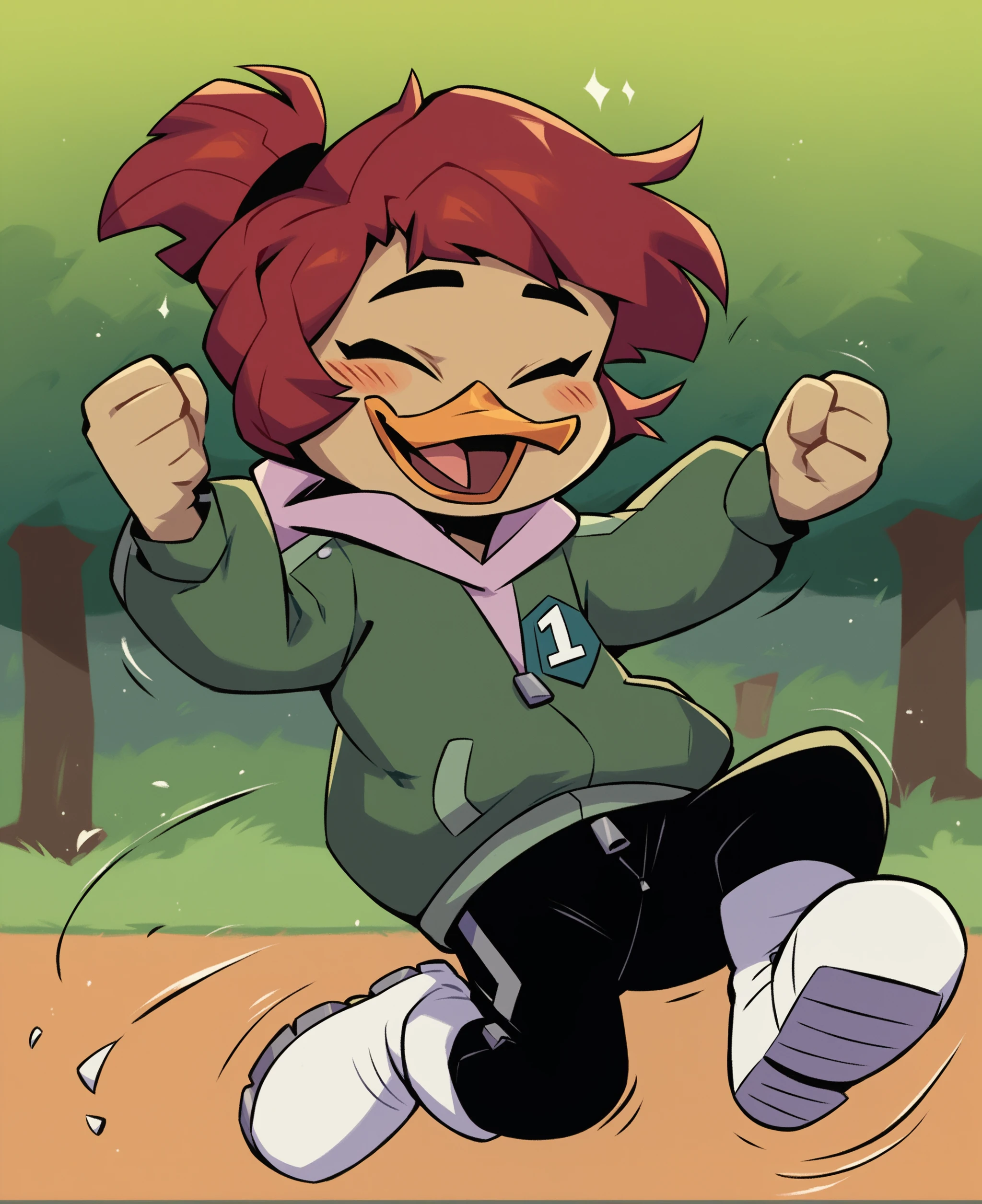 score_9, score_8_up, score_7_up, score_6_up, best quality, highres, source_furry
1girl, solo, duck, gosalyn waddlemeyer, beak, light brown skin, young, child, short hair, red hair, ponytail, park, eyes closed, seductive, jumping, arm_up, clenched_hand, open smile, blush, tongue, clothed, clothed, clothing, long sleeves, green hoodie, black pants, white boots, zipper, number on clothing, wind, motion lines
<lora:Gosalyn_Waddlemeyer:1>