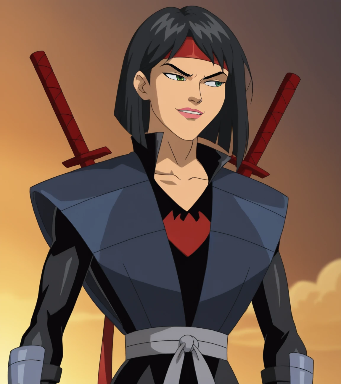 score_9, score_8_up, score_7_up, score_6_up, karai, 1girl, solo, red headband, ninja outfit, sheathed swords on back, close up, source_cartoon, screencap, looking to side, smirk, <lora:Karai_Pony:1>