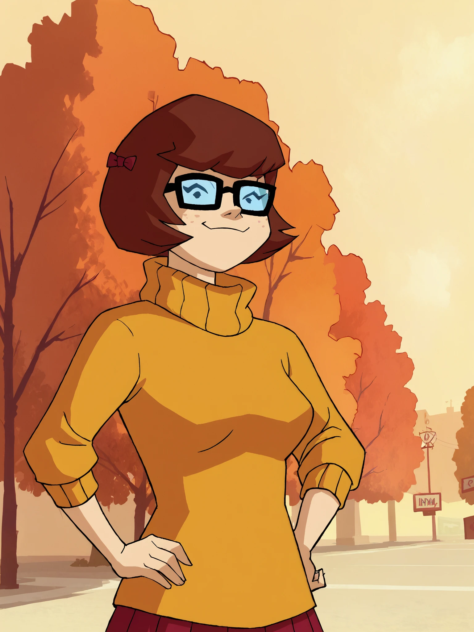 <lora:VelmaMysteryIPony1.0:1> velmad, 1girl, short hair, black eyes, orange turtleneck, black-framed eyewear, brown hair, solo, hair bow, red skirt,tree,freckles,upper body, score_9, score_8_up, score_7_up, score_6_up, score_5_up, score_4_up, smile, outdoors, looking at viewer, hand on own hip,