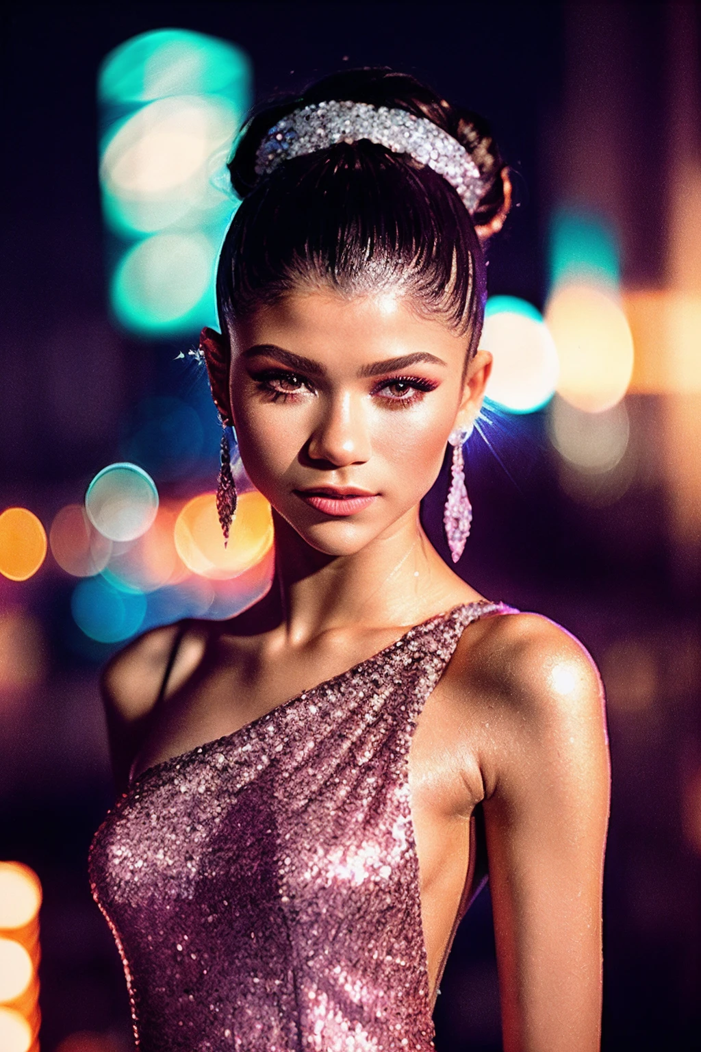Zendaya_SoloTI_v1,
(modern photo, Sequined evening gown, sparkling statement jewelry:1.1), closeup portrait, 85mm, (analog, cinematic, film grain, hazy atmosphere:1.3), ((Glittering cityscape backdrop, vibrant nightlife, radiant lights and excitement:1.2)), detailed eyes, (seductive), (cinematic shot:1.3),
<lora:add_detail:0.6>,<lora:LowRa:0>